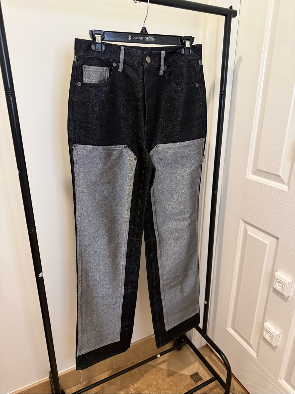 Veronica Beard Two-Tone Black and Metallic Silver Straight-Leg Jeans
